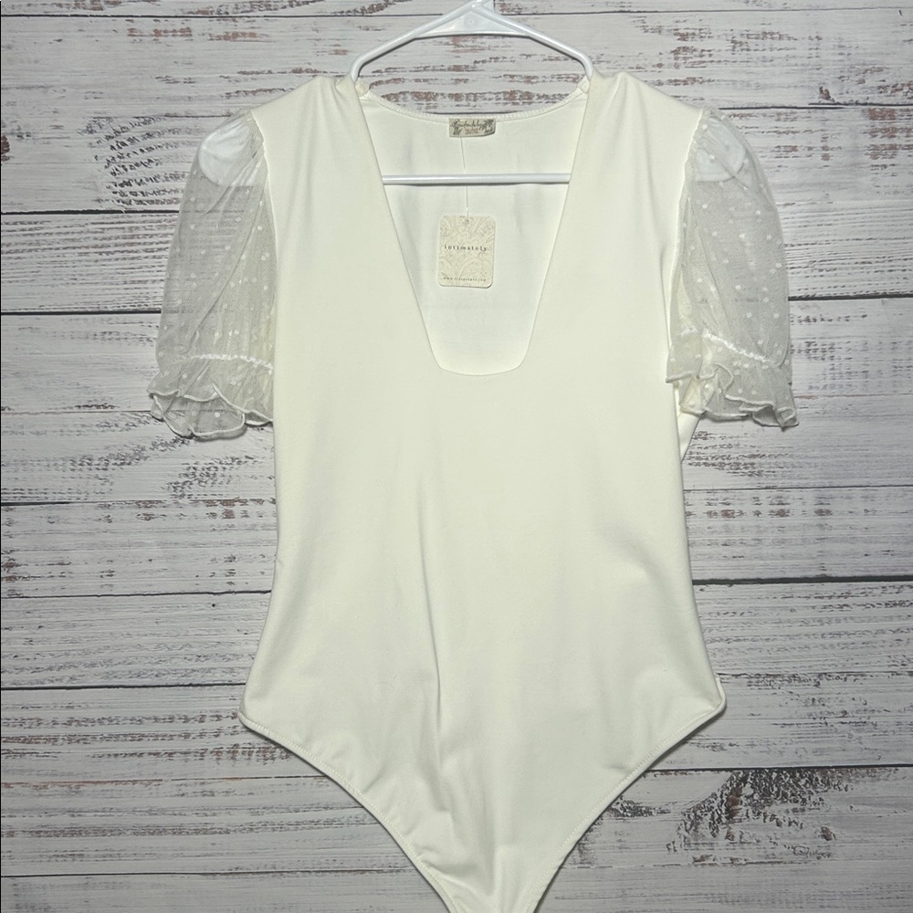 Intimately Free People Bare & Square Bodysuit Sheer Polka Dot Sleeves Ivory NWT - Picture 6 of 16